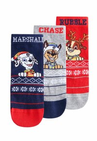 Three pairs of socks featuring cartoon dog characters. Navy with a white dog, gray with a brown dog, and red with a reindeer design.