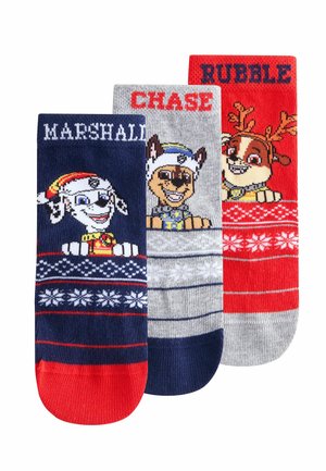 Three pairs of socks featuring cartoon dog characters. Navy with a white dog, gray with a brown dog, and red with a reindeer design.