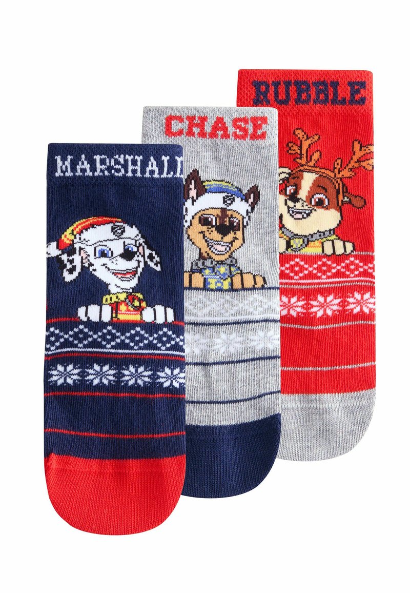 Three pairs of socks featuring cartoon dog characters. Navy with a white dog, gray with a brown dog, and red with a reindeer design.