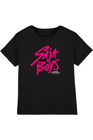 Black short-sleeve t-shirt with bold pink "Saija Boys" text and small white "KPOP Demon Hunters" logo underneath front center.