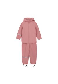 Rosa vattentät regnkläder med huva, elastiska ärmslut och reflexer på jackan och byxorna. Slät textur och enkel design.