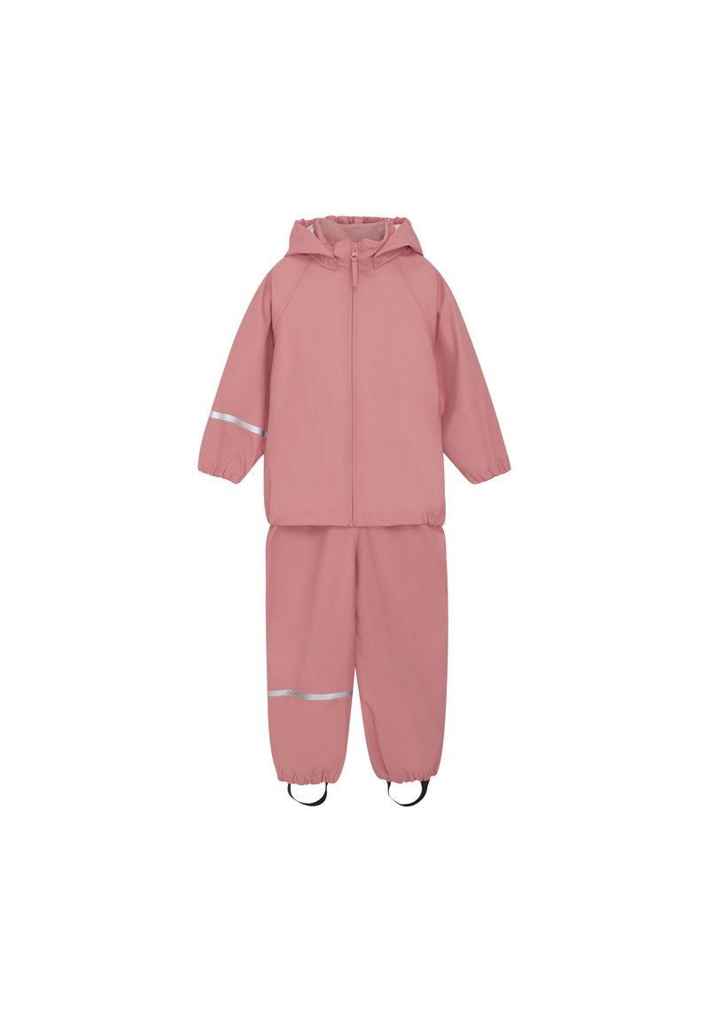 Rosa vattentät regnkläder med huva, elastiska ärmslut och reflexer på jackan och byxorna. Slät textur och enkel design.
