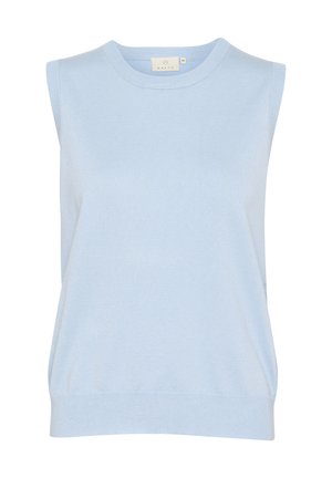 Haut sans manches bleu clair en tissu tricoté doux, présentant un col rond et un ourlet inférieur ajusté avec des côtes discrètes.