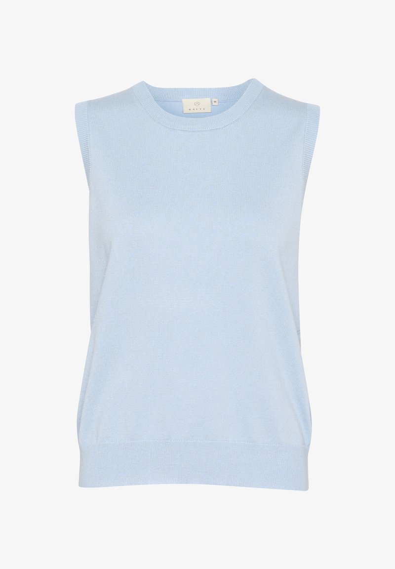 Svetlo modrý bezrukávový top vyrobený z jemnej pleteniny, ktorý má okrúhly výstrih a priliehajúci spodný lem s jemným rebrovaním.