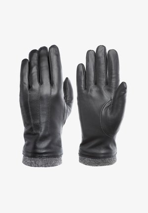 Schwarze Lederhandschuhe mit einem grauen Strickbund, ausgestattet mit einer glatten Textur, tailliertem Design und dekorativen Nahtdetails entlang der Finger.