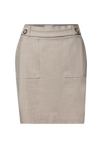 Gonna a matita beige con un tessuto texturizzato, dotata di due tasche anteriori e due bottoni decorativi in vita.