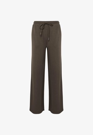 Luźne spodnie w ciemnooliwkowym kolorze z elastycznym pasem i troczkiem z przodu, wykonane z miękkiego, lekkiego materiału.