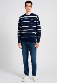 Maglione a righe blu navy e crema con collo rotondo. Orlo e polsini a coste, indossato con jeans blu e sneakers bianche. Logo sul petto.