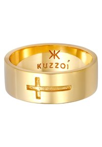 Anello in acciaio inossidabile dorato con superficie lucida, caratterizzato da un design a croce in rilievo. La parte interna dell'anello è incisa con "Kuzzoi."