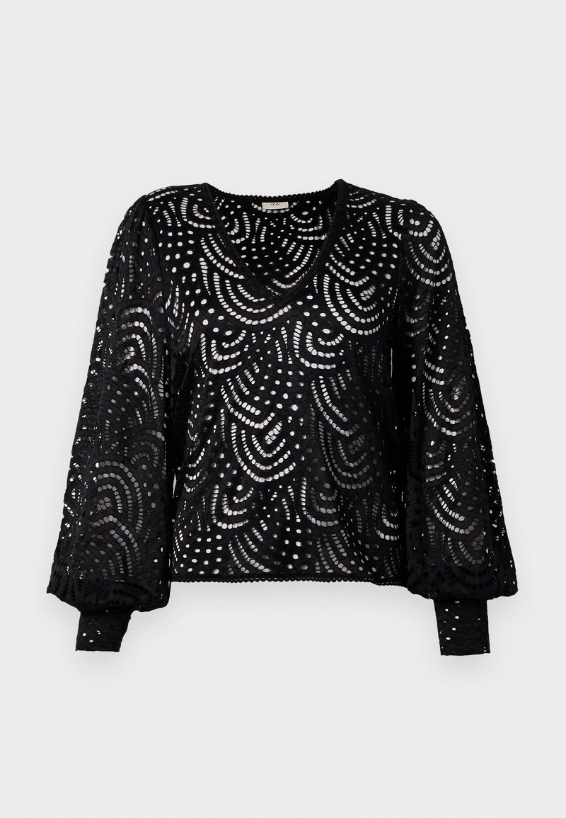 Zwarte kanten pullover met een V-hals, lange mouwen en een ingewikkeld uitgesneden patroon met kromme lijnen en stippen, afgewerkt met geribbelde mouwen.