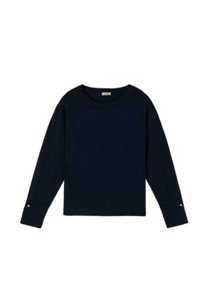 Marineblauwe trui met lange mouwen, ronde hals, geribbelde manchetten met knoopdetail en een geribbelde tailleband, plat gelegd op een witte achtergrond.