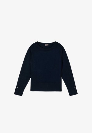 Maglione a maniche lunghe blu navy con scollo rotondo, polsini a costine con dettaglio a bottone e bordo inferiore a costine, disteso su sfondo bianco.