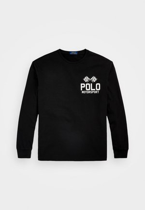 Schwarzes Langarmshirt aus Baumwolle. Verfügt über weißen "POLO MOTORSPORT"-Text und zwei karierten Flaggen auf der linken Brustseite. Rundhalsausschnitt.
