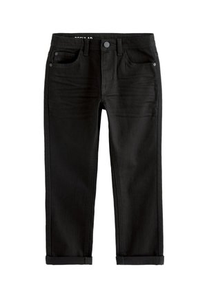 Jeans noirs à coupe droite avec revers roulés, bouton et fermeture éclair sur le devant, passants de ceinture, et design à cinq poches.