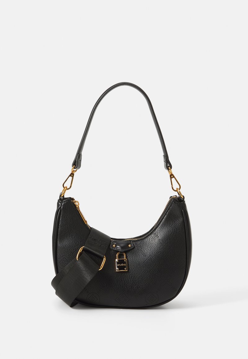 Sort læderhåndtaske med en buet form, guldhardware og en aftagelig strop. Har tekstureret overflade og lynlåslukning.