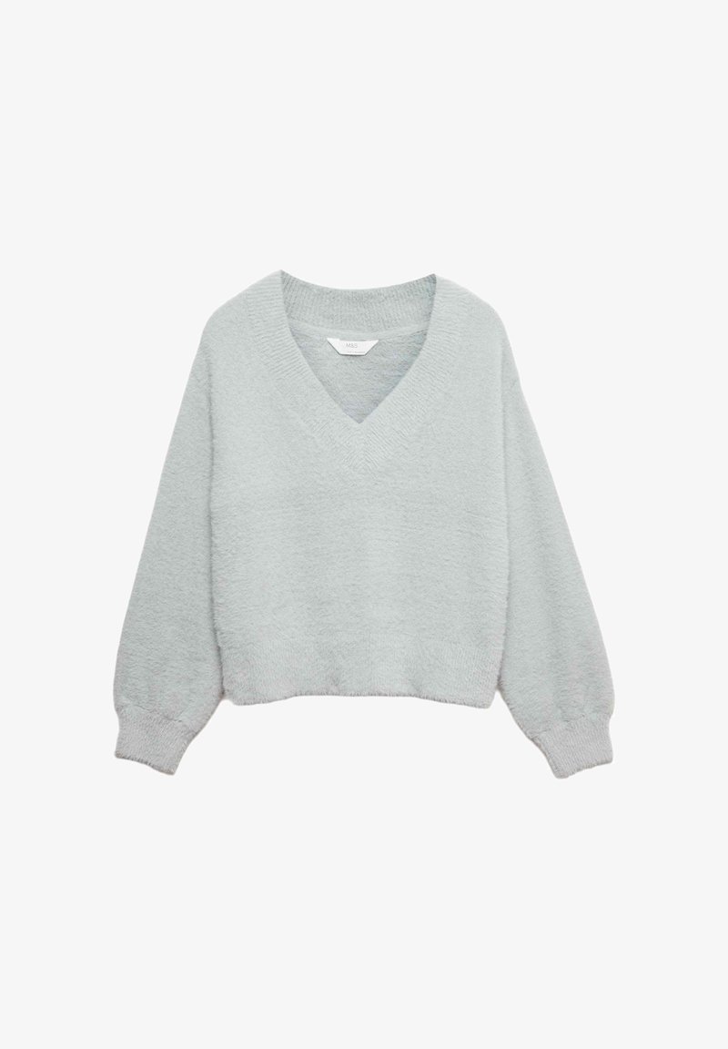 Lys grå, fuzzy striktrøje med V-hals, lange ballonærmer og en cropped kant. Stofteksten ser blød og varm ud.