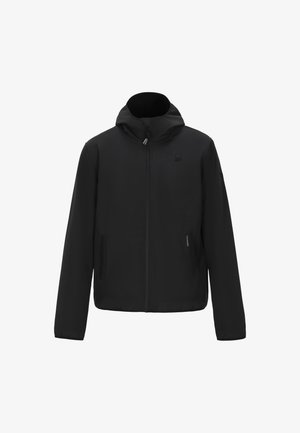 Chaqueta negra con capucha, cierre frontal, dos bolsillos laterales y una textura suave. Presenta un diseño minimalista sin logotipos visibles.