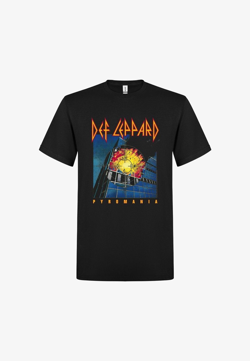 Černé bavlněné tričko s barevným motivem "Pyromania" od Def Leppard, výrazný červený nápis a ohnivý grafický motiv. Krátké rukávy.