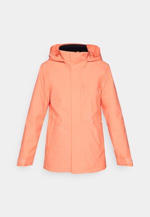Veste en corail résistante à l'eau avec capuche, fermeture éclair sur le devant et poches latérales. Elle présente une texture lisse et des poignets ajustables.