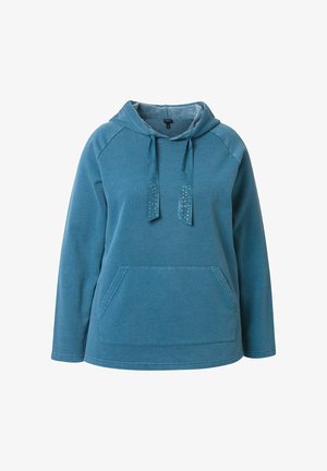 Teal hoodie met een kangoeroezak, lange mouwen en satijnen trekkoorden versierd met kleine rhinestones. Fleece-gevoerde binnenkant.