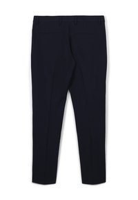 Pantaloni navy con taglio slim, realizzati in tessuto liscio. Presentano due tasche sul retro e una parte frontale piatta con passanti per la cintura.