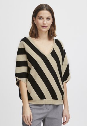 Pullover a righe beige e nere in maglia con maniche ampie e scollo a V, caratterizzato da una consistenza morbida e una vestibilità casual.