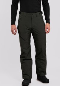 Pantalones de nieve verdes con un acabado texturizado, que cuentan con un bolsillo con cremallera, rodillas reforzadas, cintura ajustable y piernas ajustadas.