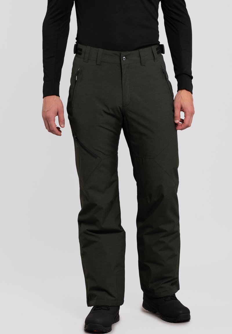 Pantalones de nieve verdes con un acabado texturizado, que cuentan con un bolsillo con cremallera, rodillas reforzadas, cintura ajustable y piernas ajustadas.
