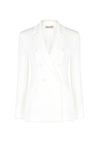 Witte dubbele blazer met een gelakte kraag, zijzakken en een gladde textuur, met zes knopen aan de voorkant.