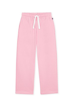 Hellrosa Hosen mit weitem Bein, elastischem Bund und weißem Kordelzug, flach auf weißem Hintergrund dargestellt.