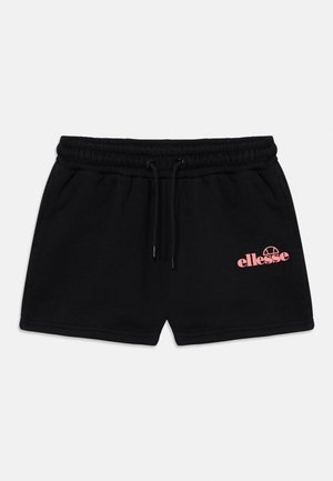 Schwarze Baumwollshorts mit einem elastischen Bund, Kordelzug und Seitentaschen. Auf der linken Seite ist ein pinkes Logo aufgedruckt.