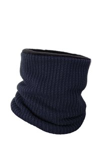 Navy blue knitted neck warmer with a ribbed texture and soft inner lining, designed for warmth and comfort in cold weather.