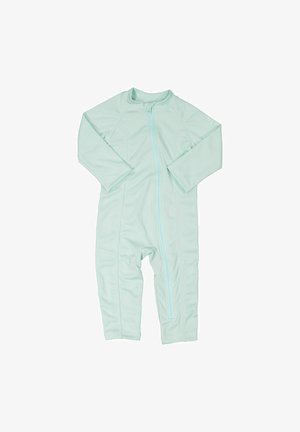 Lyseblå, langærmet våddragt med fuld lynlås og tætsiddende design. Fremstillet af strækbart, struktureret materiale for komfort og bevægelighed.