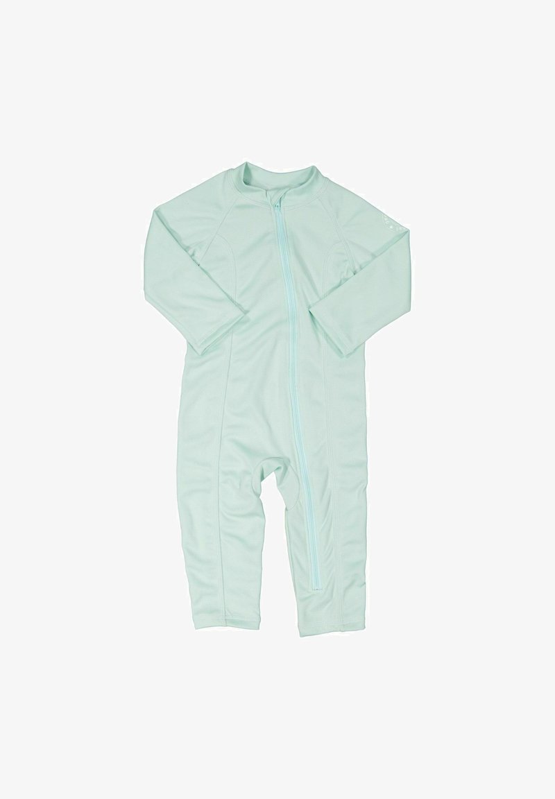 Lyseblå, langærmet våddragt med fuld lynlås og tætsiddende design. Fremstillet af strækbart, struktureret materiale for komfort og bevægelighed.