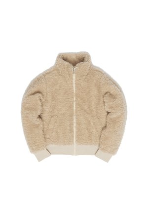 Beige fleece jacket with a high collar, full front zipper, and soft texture. Features ribbed cuffs and hem. Two side pockets.