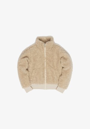 Beige Fleecejacke mit hohem Kragen, durchgehendem Reißverschluss und weicher Textur. Mit gerippten Bündchen und Saum. Zwei Seiten Taschen.