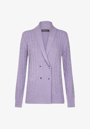 Lichtpaarse dubbelbreasted cardigan met kabelbreipatroon, sjaalkraag en bijpassende knopen. Zachte textuur, lange mouwen.
