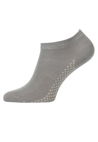Chaussette de cheville grise avec une texture lisse, un ajustement serré et un motif de grip en silicone à pois sur le dessous pour une traction accrue.