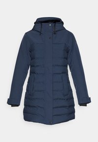 Abrigo de plumón azul marino con capucha, con patrones de acolchado vertical, botones a presión y bolsillos laterales con inserciones de canalé.