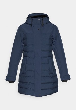 Marineblauwe gewatteerde jas met capuchon, voorzien van verticale quiltpatronen, drukknoopsluiting en zijzakken met ribbelinzetten.
