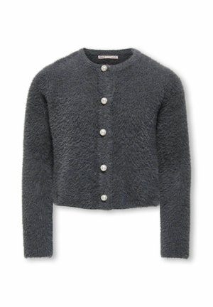 Cardigan gris court en matériau duveteux, avec un col rond et cinq grands boutons en perles à l'avant. Inclus des manches longues.