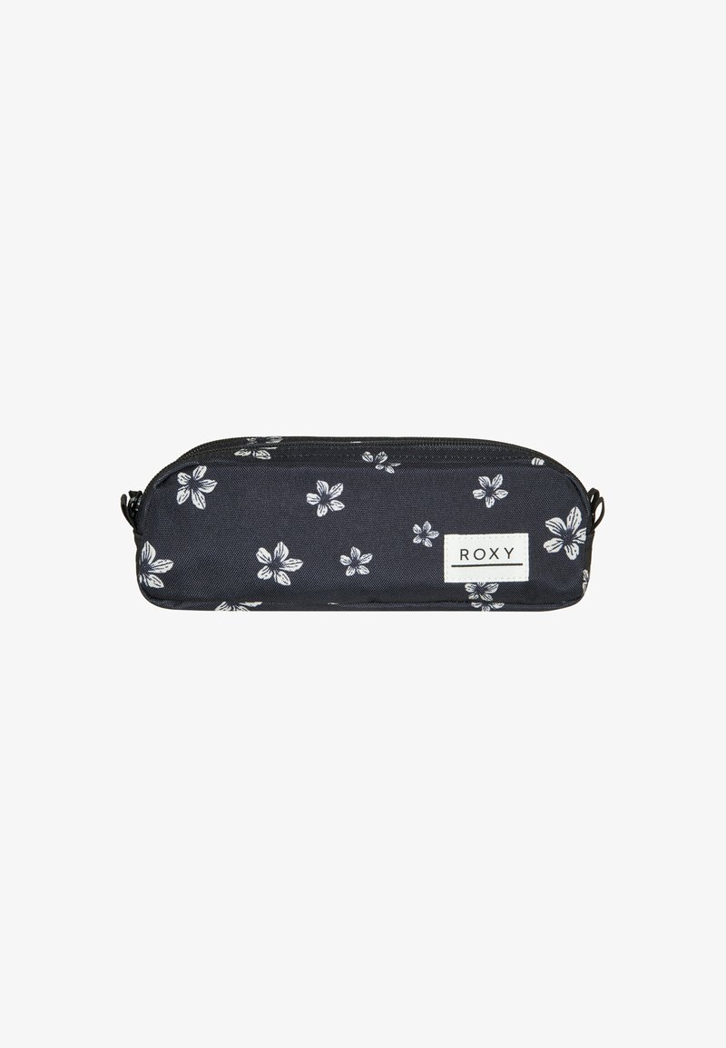 Zwarte etui met wit bloemenpatroon, ritssluiting en een logo patch. Rechthoekige vorm met een gladde, gestructureerde stofoppervlak.