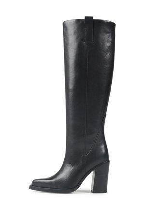 Black leather knee-high boot with a square toe, structured design, block heel, and back pull tab. Smooth texture with minimal accents.