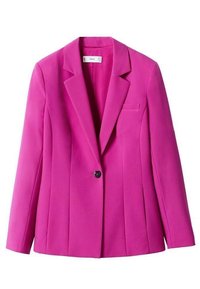 Jaskraworóżowy damski żakiet na jeden guzik z wycięciem na klapach i kieszenią na piersi, prezentowany na białym tle.