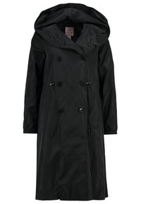 Long manteau noir à double boutonnage, poignets élastiques, grande capuche et taille ajustable avec cordon de serrage.