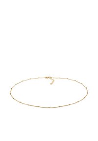 Gold chain necklace with small round beads, thin links, and a lobster clasp closure. Features a delicate design and shiny finish.