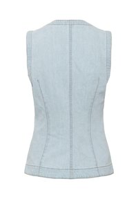 Hele sinine varrukateta teksavest, millel on keha järgiv vöökoht ning nähtavad vertikaalsed ja horisontaalsed õmblused, nähtud tagant valgel taustal.