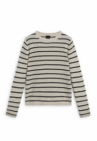 Gestreifter Pullover in Creme mit schwarzen Streifen, aus weichem Material, mit Rundhalsausschnitt und langen Ärmeln mit gerippten Bündchen und Saum.