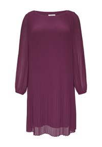Robe prune, longueur genou, avec de longues manches plissées et une texture doucement froncée. Encolure ronde et tissu léger et fluide.