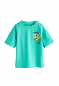 Türkisfarbenes Baumwoll-T-Shirt mit kurzen Ärmeln, auf der Vorderseite mit einem bunten Löwenmotiv und dem Schriftzug "SAFARI FUN". Einfaches Rundhalsausschnitt-Design.